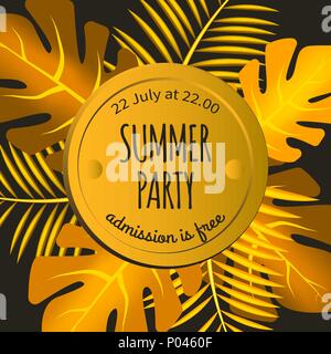 Einladung zum Sommerfest mit Gold, der von tropischen Palmen Blätter, schwarz und gold Banner, Flyer, Rahmen mit Blättern. Vector Illustration Stock Vektor