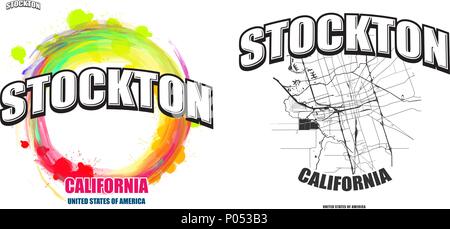 Stockton, Kalifornien, Logo Design. Zwei in einem Vektor Kunst Großes Logo mit Vintage Briefe mit schönen farbigen Hintergrund und eine - Farbe - Version mit Karte f Stock Vektor