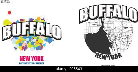 Buffalo, New York, Logo Design. Zwei in einem Vektor Kunst Großes Logo mit Vintage Briefe mit schönen farbigen Hintergrund und eine - Farbe - Version mit Karte für Stock Vektor