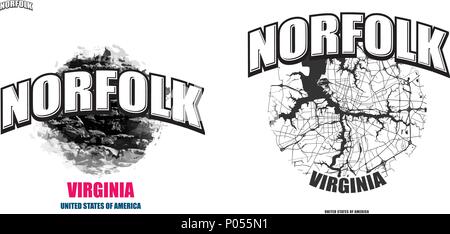 Norfolk, Virginia, Logo Design. Zwei in einem Vektor Kunst Großes Logo mit Vintage Briefe mit schönen farbigen Hintergrund und eine - Farbe - Version mit Karte für Stock Vektor