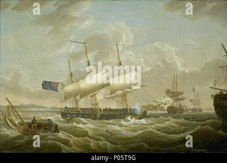 . Englisch: eine Fregatte zu Anker in der Mersey ein frühes Werk des Künstlers, lackiert, wenn Er lebt und arbeitet in Liverpool. Es ist in der Mersey, direkt vor der Mündung. Barsch Rock Fort ist in der Ferne links von der Mitte, die mit der bootle Ufer auf der rechten Seite dargestellt. In der Mitte, in eine stürmische See, eine Fregatte ist gezeigt, Anker, schließen - unter verkürzt die Segel eingeholt und unter der 1801-Muster blau Fähnrich. In der Ferne auf der linken Seite einen Naval squadron der Weißen ist bereits vor Anker. Der erste von ihnen, sofort über Bug der Fregatte, fliegen die 1. Stockfoto