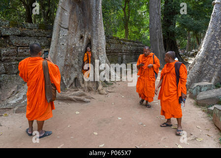 Siem Reap, Kambodscha - 12. Januar 2018: die Mönche auf wenige Ta Prohm Tempel in Angkor Wat, Siem Reap, Kambodscha Stockfoto