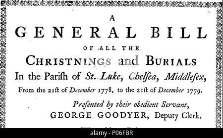 . Englisch: Fleuron aus Buch: eine allgemeine Rechnung aller christnings und Beerdigungen in der Pfarrei St. Lukas, Chelsea, Middlesex, vom 21. Dezember 1778 bis 21. Dezember 1779. Durch ihren gehorsamen Diener, George Goodyer, Stellvertretende Sekretärin vorgestellt. Davon sind gestorben, Jahren, unter 2 Jahren 68 zwischen zwei und fünf - 28 Fünf und Zehn - 5 Zehn und 20 - 6 20 30 - 18 32 40 - 16 40 50 - - - 22 50 und 60 -- 18 65 75 - 20 70 180 - - 19 80 und 90 - - 8 90 und Hundert - 2 In allen 230 Krankheiten eine Stockfoto