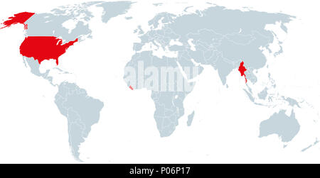 Karte der Länder offiziell nicht Verwendung metrischer Einheiten. Liberia, Myanmar und die Vereinigten Staaten von Amerika über die Imperialen System. Infografiken. Stockfoto