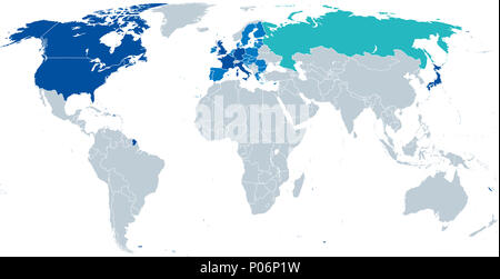 G8, der Gruppe der Acht, Karte. In 2014 als G7 neu formatiert. Weltgrößte fortgeschrittenen Volkswirtschaften. Russland ausgesetzt, Türkis. Die verbleibenden Mitglieder, Dunkelblau. Stockfoto
