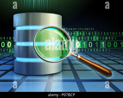 Datenbank und Lupe über einen binären Code. 3D-Darstellung. Stockfoto