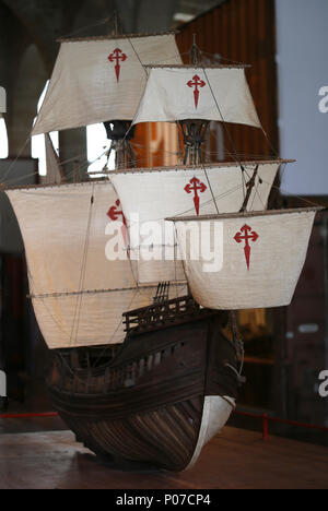 Modell Nao Victoria. Spanisch Carrack. 1. in die Welt umrunden, mit Magellan. 1519-1522. Barcelona Maritime Museum. Spanien. Stockfoto