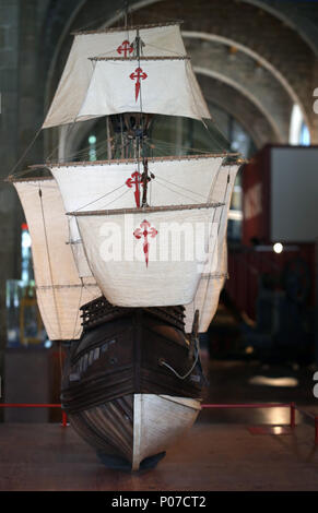 Modell Nao Victoria. Spanisch Carrack. 1. in die Welt umrunden, mit Magellan. 1519-1522. Barcelona Maritime Museum. Spanien. Stockfoto