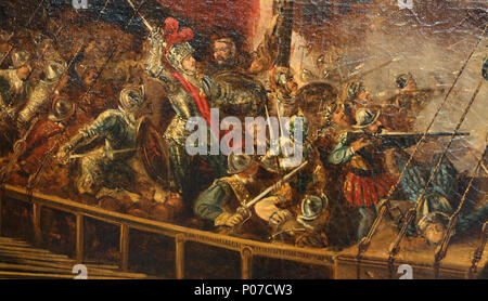 Schlacht von Lepanto, Octuber 1571. Holly Liga zusammengeschlossen, um gegen die Osmanen. Durch A. Brugada. Detail. Stockfoto