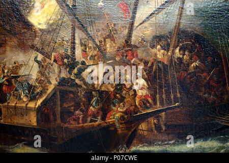 Schlacht von Lepanto, Octuber 1571. Holly Liga zusammengeschlossen, um gegen die Osmanen. Durch A. Brugada. Detail. Stockfoto