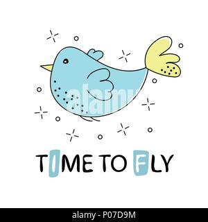 Vektor clipart in Hand gezeichneten Stil. Süße Vogel mit Text Zeit zu fliegen Stock Vektor