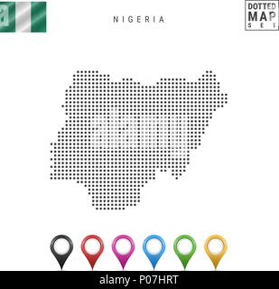 Vektor gepunktete Karte von Nigeria. Einfache Silhouette von Nigeria. Nationalflagge von Nigeria. Eingestellt von bunten Karte Markierungen Stock Vektor