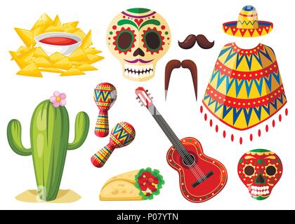 Mexiko bunte Symbole. Mexikanische Vector Icons einstellen. Latin traditionelle ethnische Symbole. Cartoon Design. Vector Illustration auf weißen Ba isoliert Stock Vektor