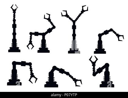 Schwarze Silhouette. Satz Roboterarme, die Hände. Vektor Roboter icons Collection. Industrielle Technologie und Fabrik Symbole. Flache Abbildung auf isolierte Stock Vektor