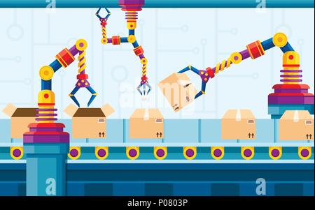 Die industrielle Automation. Robotic Arm-Technologie in der Fertigung. Automatisierte Roboterarmen. Robotic Förderband für die Verpackung von Produkten im Karton Stock Vektor