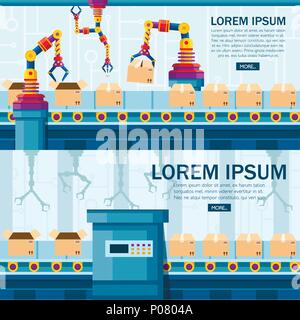 Die industrielle Automation. Robotic Arm-Technologie in der Fertigung. Automatische Waffen. Robotic Förderband für die Verpackung von Produkten in Kartons. Ve Stock Vektor