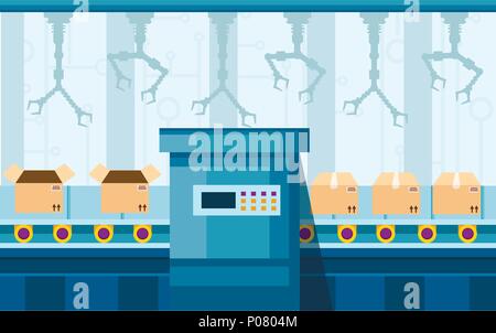 Die industrielle Automation. Robotic Arm-Technologie in der Fertigung. Automatische Waffen. Robotic Förderband für die Verpackung von Produkten in Kartons. Ve Stock Vektor
