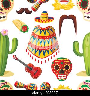 Nahtlose Muster. Mexiko bunte Symbole. Mexikanische Vector Icons. Latin traditionelle ethnische Symbole. Cartoon Design. Vector Illustration auf whi Stock Vektor