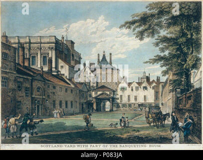 . Englisch: Eine Ansicht von Scotland Yard mit einem Teil der Bankett- Haus, von ix Views Edward Rooker's von London". Scotland Yard mit einem Teil der Bankett- Haus. 31 Dezember 1766 21 Scotland Yard mit einem Teil der Bankett- Haus, von Edward Rooker nach Paul Schränke, 1766-gac03515. Stockfoto