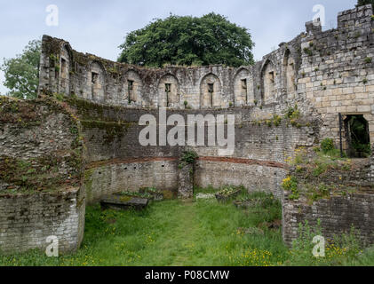 York UK. Nahaufnahme von einem Teil der Ruinen der historischen Mauer rund um die Stadt York, Yorkshire, Mauerwerk und viel Grün. Stockfoto