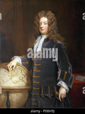 . Englisch: Admiral Edward Russell, 1652-1727, 1. Earl of Orford In 1692 Russell die britisch-niederländische Flotte an den fünf Geboten - Tag der Schlacht von Barfleur und die Zerstörung der französischen Flotte im La Hogue nach der Aktion, so die Eindämmung Louis IV invasion Pläne (siehe Szenen der Schlacht: BHC0331, BHC BHC 0337 und 0338). Russell ist gezeigt, trägt einen grauen Samtrock mit Gold bestickt Knopflöchern, und einem braunen Full-Perücke aufgesessen. Seine rechte Hand ruht auf einem Globus auf der linken Seite, seine Finger, die den Norden der französischen Küste. Auf der rechten Seite auf einem Tisch ist ein Buchstabe eingraviert', um das Recht auf das Ohr Stockfoto