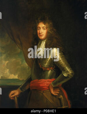 . Englisch: Admiral Matthew Aylmer, 1st Baron Aylmer (ca. 1655-1720) drei - Viertel Länge Portrait auf der linken Seite, zeigen Aylmer in Rüstung, das Tragen einer roten Schärpe und Braun full-Perücke aufgesessen. Nach dem Militärdienst in Irland und in Tanger, Matthew Aylmer begann seine militärische Karriere als midshipman im Oktober 1677. Er diente in der Kombüse" Charles' im Mittelmeer, Lieutenant immer in ihrem im April des folgenden Jahres. Er wurde von seinem Gönner, Admiral Arthur Herbert, Kapitän der "Chatham' und andere Befehle erweiterte gefolgt. Der Glorious Revolution von 1688-89 erwies sich als günstig für Aylm Stockfoto
