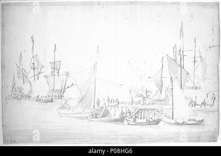 . Englisch: kaag und andere Schiffe am Ende einer Quay steuerbord Bug Ansicht einer kaag mit Ihr großsegel gelöst und den Sprit in die Schlingen am Ende des Kais liegen im Quadrat. Im Vordergrund am Kai, ein bezan Verzurrte weyschuit mit Ihr Segel gehisst. Im linken Hintergrund, ein Schiff Flaute mit Segeln aufgetan, einem Salut feuern als ein binnenschiff zieht weg. Dies ist ein Bleistift, und waschen Sie die Zeichnung von der Ältere, mit den Initialen "W V V' in brauner Tinte. Ein kaag und andere Schiffe am Ende des Kais. ca. 1665. Willem Van de Velde, der Ältere 117A kaag und andere Schiffe am Ende des Kai RMG Stockfoto