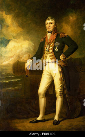 . Englisch: Admiral Sir David Milne (1763-1845) ein Porträt von der Admiral der Weiß, Sir David Milne. Er steht leicht nach hinten Admiral's volle Uniform, tragen den Stern und Hals Dekoration eines K. C.B., der Stern von St Janarius und der Hals Dekoration von einem Ritter von Willem der Niederlande. Er ist auf einem Viertel gezeigt - deck Holding ein Teleskop in der rechten Hand und lehnte sich auf einer Kanone. Er trägt auch das Schwert, die ihm von der Stadt London vorgestellt. Milne sah zuerst Service im Amerikanischen Unabhängigkeitskrieg und wurde auf der Haube Aktion mit De Grasse in 178 vorhanden Stockfoto