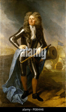 . Englisch: Admiral Sir Cloudesley Schaufel, 1650-1707 in voller Länge Porträt von Sir Cloudesley Schaufel, Admiral der Flotte, lehnte sich nach rechts und leicht nach links, tragen drei Viertel Länge Rüstung und eine Allongeperücke. Er stützte sich auf eine Kanone, die wahrscheinlich mit einer Blauen Flagge drapiert ist, und in der linken Hand hält er eine Kombination aus Teleskop und Schlagstock. In der rechten Hintergrund, sein Flaggschiff ist in Aktion gezeigt, blau am Main. Im Spanischen Erbfolgekrieg, er brachte das Silber von Sir George Rooke in Vigo aufgenommen in 1702. Rückkehr in die Heimat von einem Angriff auf Toulon im Stockfoto