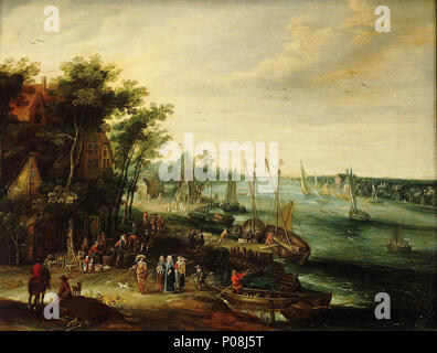 . Englisch: eine Landschaft mit einem Dorf am Ufer eines Flusses Dieses detaillierte Bild zeigt einen Fluss Szene und Dorf, mit beiden Seiten des Flusses sichtbar. Kleine Boote sind auf dem Fluss und in der Mitte auf der rechten Seite Fähren Menschen an die Bank auf der linken Seite. Eine wohlhabende Gruppe, bestehend aus einem Mann in einem gefiederten Hut und zwei Frauen mit spitzen Kragen, stand in der Mitte vorne, in Ausgeschifft. Ein Hund tobt an ihren Füßen. Neben und über Ihnen sind eine Vielzahl von Handwerksbetrieben, einige mit Waren beladen wird. Vor den Bäumen und Holzhäuser links im Vordergrund eine sitzende Frau verkauft Stockfoto