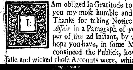 . Englisch: Fleuron aus Buch: ein Brief an die Handwerker von Eustace Budgell, Esq; Anlass würde durch seine späte Vorlage eines bescheidenen Beschwerde an Seine Majestät gegen das Recht, Sir Robert Walpole. Die achte Ausgabe. Mit einem PostScript-Treiber. N. B. gibt es auch zu dieser Ausgabe fügte Herr Budgell speec's Seiner Majestät, am 21. April. ... 124 in einem Schreiben an die Handwerker von Eustace Budgell Fleuron N 019723-1 Stockfoto