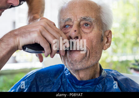 Älterer Mann seinen Bart abrasiert bekommen von jungen qualifizierten Mann zu Hause Stockfoto