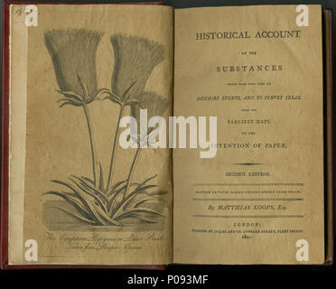 . Englisch: Titelseite des Historischen Berücksichtigung der Stoffe, die verwendet wurden, Ereignisse zu beschreiben, und Ideen zu vermitteln, die von den frühesten Zeitpunkt für die Erfindung von Papier, von Matthias Koops, 1801, das erste Buch auf Papier aus Holzspänen gedruckt. Dieses Bild ist aus der 2. Edition, auf Stroh, 1802 gedruckt. . 27 Februar 2013, 09:45:15. 13 Daderot Koops historische Konto Stockfoto
