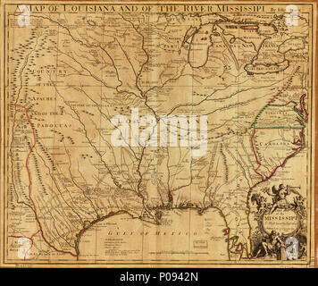 . Englisch: kolonialen Amerika. Diese Karte, von der Neuen Allgemeinen Atlas, 1721, ist von Herrn Recht gewidmet. Es ist eine Übersetzung der französischen Karte von Guy Delisle, im Jahre 1718 veröffentlicht. Karten der Fräulein Fluss Ausstellung. 10. Auch verfügbar in der Bibliothek des Kongresses Website als Rasterbild. . Eine Karte von Louisiana und des Flusses Mississippi.. 1721. Senex, John 128 eine Karte von Louisiana und des Flusses Mississippi. LOC 98685735 Stockfoto