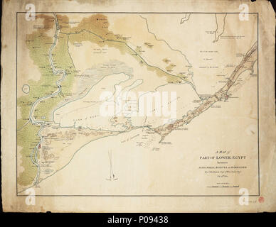 . Englisch: eine Karte der Teil von Ägypten zwischen Alexandria, Rosetta und Rahmanieh von J. Bathurst Kapitän 7 West Indien Regt. 28. Oktober 1801 Blatt. Hand col.engr. Maßstab: [Ca. 1:140 000 (bar)]. Kartografische Hinweis: Nord bei 180 Grad. Ungraduiert. Skala in Meilen. Duc 235: 14/3 Untere Ägypten von Bathurst. 1801. Kapitän J. Bathurst 128 eine Karte der Teil von Ägypten zwischen Alexandria, Rosetta und Rahmanieh von J. Bathurst Kapitän 7 West Indien Regt. 28. Oktober 1801 RMG-F0354 Stockfoto