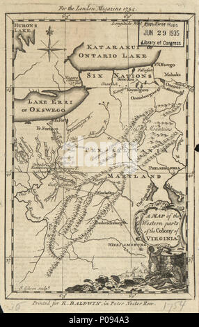 . Englisch: Zeigt Forts, Wanderwege, Wasserfälle, allgemeine Lage der indianischen Stämme. Abdeckungen von Lake Ontario Südwesten auf den neuen Fluss. Relief von Konturen und bildlich dargestellt. Prime meridian: Ferro. Aus der Londoner Zeitschrift oder Gentlemen's Intelligencer (Juni, 1754), Vol. 23. LC-Karten von Nordamerika, 1750-1789, 1426 in Bleistift in der unteren linken Rand: 35. Umfasst Entfernungen zwischen einigen Siedlungen. Auch verfügbar in der Bibliothek des Kongresses Website als Rasterbild. . Eine Karte der westlichen Teile der Kolonie Virginia. 1754. Gibson, J. (John); Baldwin, R. (Robert); Gibson, J.129 Stockfoto