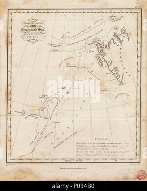 . Englisch: eine Karte, erweist sich die Lage des Eises im Grönländischen Meer im Sommer der Jahre 1806, 1817 und 1818. Blatt. Engr. Maßstab: [Ca. 1:5 000 000 (lat bei 71 N)]. Kartografische Hinweis: Graduierte. Polar Projektion. Inhalt Hinweis: Umrisse des Eis zu unterschiedlichen Terminen. Platte VII von scoresby's 1820 Konto der arktischen Regionen. G 285: 10/5 Eis Grönlands durch Scoresby. 1820. A. Constable & Co; durch W&D Lizars eingraviert; Reverend William Scoresby 129 eine Karte erweist sich die Lage des Eises im Grönländischen Meer im Sommer der Jahre 1806, 1817 und 1818. RMG-F0063 Stockfoto