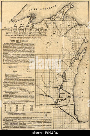 . Englisch: Übersichtskarte der östlichen Wisconsin, und Teile von Illinois und Michigan, wichtige Entwässerung, Gemeinde Linien, große Städte, und die Eisenbahnen. . Eine Karte mit der Route der geplanten Bahn Straße aus dem Kupfer und Eisen Bergbaugebiet von Lake Superior mit Rail Straßen gebaut werden im Bundesstaat Wisconsin als durch die Bürger von Ontonagon und Marquette Grafschaften mich an öffentlichen Sitzungen im November und Dezember 1855 gebaut oder zu verbinden; (vorbehaltlich der Änderungen der Lage der Straße als allgemeine Übersicht über die Linie soll beweisen wünschenswert zu sein.). 1855. W. Endicott & Stockfoto