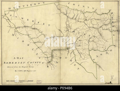 . Englisch: skalieren kann. 1:64.000. Titel von Inhaltsverzeichnis: EINE Umfrage von Sommerset County von B. Morgan. Manuskript, Feder und Tinte und Aquarell. Hat Wasserzeichen. Mit Norden nach rechts ausgerichtet. LC-Karten von Nordamerika, 1750-1789, 1252 auch durch die Bibliothek des Kongresses Website als Rasterbild. Vault AACR2: 651 und 700. Eine Karte, Somerset County. 1781. Hügel, John; Morgan, Benjamin 129 eine Karte, Somerset County. LOC gm 72003602 Stockfoto
