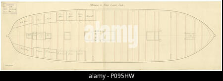 . Englisch: alkmene (1779), ehemaliger französischer Alkmene (1774) Maßstab 1:48. Die unteren Deck Plan für Alkmene (1779), in dem ein französische Fregatte, wie vor dem Ausschalten in Woolwich Dockyard als 32-gun, fünfte Rate Fregatte eingebaut werden. NMM, Fortschritt Buch, Band 5, Folio 517, dass "Alkmene" (1779) wurde von den französischen in Westindien am 21. Oktober 1779 erfasst. 'Alkmene' an Woolwich Dockyard am 17. Juli 1781 kamen und angedockt am 3. September 1781, wo die Kupfer abgebaut wurde. Sie war Anfang März 1782 recopped und am 13. März 1782 ausgedockt, Segeln am 25. April 1782 wurde am Stockfoto