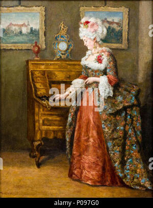 . English: Dame im Rokokokostüm einem kleinem Sekretär, eine Miniatur betrachtend (Öl auf Leinwand, 48 × 62 cm), Siganatur: MB, rückseitig Teil des Künslernamens. 22 September 2015, 01:50:56. Mathilde (1850 - 1932) Alternative Namen Mathilde Block-Niendorff Beschreibung Deutsche Maler Geburtsdatum / Tod 10. Juli 1850 vom 21. Juni 1932 Ort der Geburt / Todes Niendorf an der Stecknitz Pinneberg Arbeitsort Berlin Authority control: Q 377292 1054150647096610860006 GND VIAF:?:? 1140254359 6 Rokokodame Stockfoto
