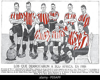 . Englisch: Cartoon, die argentinische Fußball-Team Alumni AC, eine Südafrikanische Gruppe von 1-0 in Buenos Aires Beat. Die Spieler sind: (Stand): Carlos Brown, Jorge Braun, Alfredo Braun, Carlos Buchanan, F. Browne, J. Buruca. (Sitzend): Carlos Lett, Eliseo Braun, Alfredo Mack, Ernesto Braun, G. Weiss. . 1906. Aurelio Jiménez (1877-1910) (signiert) [1] 282 Alumni caricatura Jimenez Stockfoto