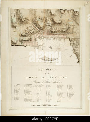 . Englisch: ein Plan der Stadt Newport in der Provinz Rhode IslandSingle Blatt. Eingraviert. Maßstab: Ca. 1:6 000 (bar). Kartografische Hinweis: Nord bei 278 Grad. Variation dargestellt 6 Grad W. Ungraduiert. Bar Skala in Fuß. Inhalt Hinweis: Es ist ein bedeutender Schlüssel für die Anlegestellen, öffentliche Gebäude und Straßen. Plattenwechsel: Schattierung intensiviert. Eine Grenze hat um den Plan und den Schlüssel ausgeschlossen worden sind. Weitere Features: Gedruckt auf Bates Papier. Stadt und Grundstücke getönt. Seite Nummer '14' auf einem Papier Rechteck eingefügt oben rechts. HNS 87C einen Plan der Stadt Newport in der Provinz Rhode Island. 1776 Stockfoto