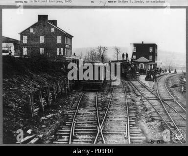 . Englisch: Hannover Junction, Pennsylvania. Englisch: Hannover Junction, Pennsylvania. 1863. Hannover Ausfahrt Railroad Yards (Titel, Motor, Boxcar und Masse). . 1863 10 Hannover Ausfahrt Pennsylvania 1863 Stockfoto