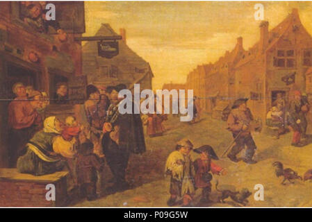 . Englisch: einer der größten Pianisten Hören zu einem hurdy-gurdy, außerhalb der Werkstatt ein Schuster, in einem Dorf in der Straße. 1630 s 268 Adriaen Brouwer - ein Dorf Straße mit einem hurdy-gurdy Mann Stockfoto