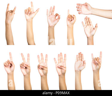 Beschneidungspfad von mehreren weiblichen Geste auf weißem Hintergrund. Die Isolation der Hände zählen Gestik, die Zahl oder ein Symbol auf weißem Hintergrund. Stockfoto