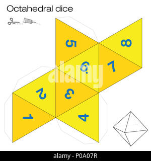 Oktaeder Vorlage, oktaedrische Würfel - eines der fünf platonischen Körper - ein 3D-Element mit acht Seiten aus dem Netz und spielen Würfel machen. Stockfoto