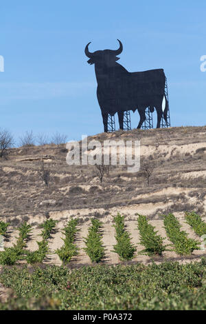 Statue der schwarzen Stier auf Bergrücken oberhalb der Weinberge im Bereich Briones in der Region La Rioja, Spanien. Stockfoto