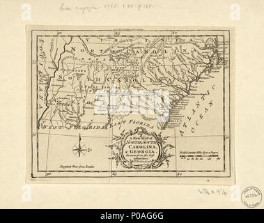 . Englisch: Zeigt die Grenzen jeder der oben genannten Provinzen von der Atlantikküste bis zum Mississippi River zu verlängern. Auch zeigt die Städte entlang der Küste, Indianerdörfer und Stammesgebiet, Forts wichtigsten Flüsse, und Entlastung. Entlastung durch hachures. Aus der Londoner Zeitschrift oder Gentlemen's monatliche Intelligencer. (April, 1765), Vol. 34. Prime meridian: London. LC-Karten von Nordamerika, 1750-1789, 1390 auch durch die Bibliothek des Kongresses Website als Rasterbild. LC kopieren unvollkommen: zerrissen und in der rechten oberen Ecke. . Eine neue Karte von North & South Carolina und Georgia. 1765. K Stockfoto