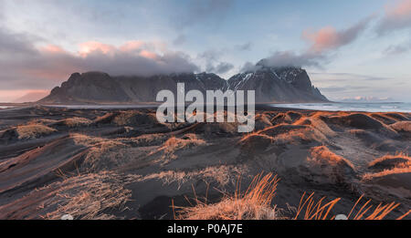 Abendstimmung am Lavastrand, schwarzer Sandstrand mit Dünen, mit trockenem Gras bewachsen, Berge Klifatindur Stockfoto